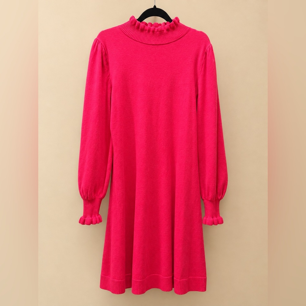 CeCe Hot Pink A-Line Knit Dress with Ruffle Cuffs